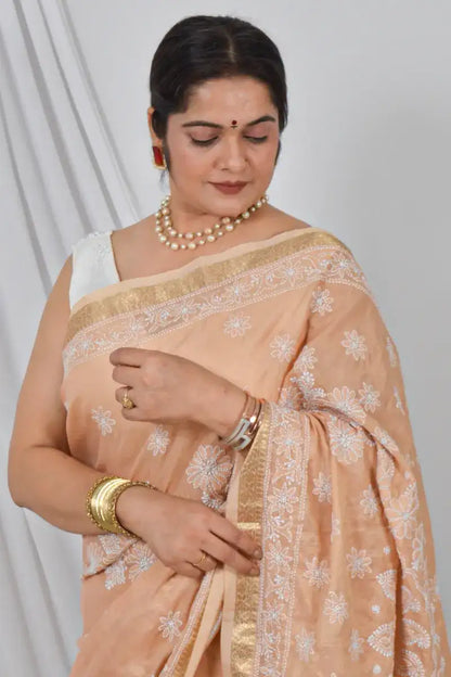 Memaana Handcrafted Orange Heavy Palla Chanderi Cotton Saree with Blouse Lucknowi Chikankari
