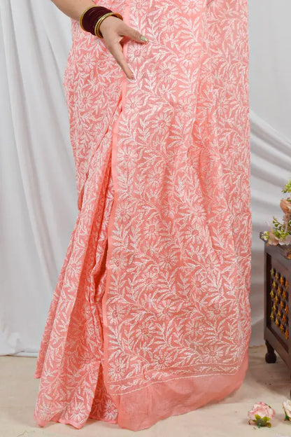 Handcrafted Peach Kota Cotton Allover Tepchi Work Saree with intricate Lucknowi Chikankari embroidery and ideal for Festive and  occasions.
