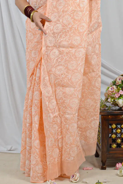Handcrafted Orange Allover Kota Cotton saree with intricate Lucknowi Chikankari embroidery and a matching blouse, ideal for festive and wedding .