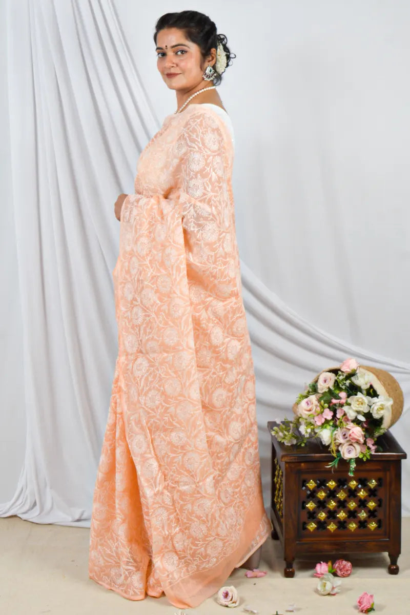 Handcrafted Orange Allover Kota Cotton saree with intricate Lucknowi Chikankari embroidery and a matching blouse, ideal for festive and wedding .