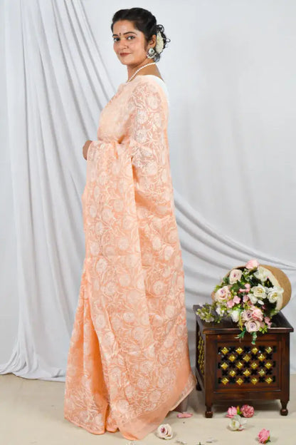 Handcrafted Orange Allover Kota Cotton saree with intricate Lucknowi Chikankari embroidery and a matching blouse, ideal for festive and wedding .