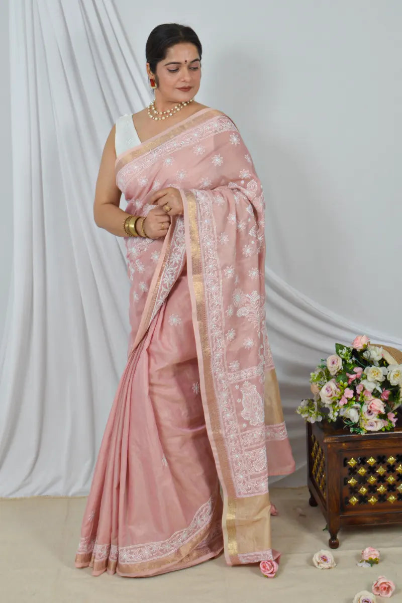 Memaana Handcrafted Peach Border Palla Chanderi Cotton Saree with Blouse Lucknowi Chikankari