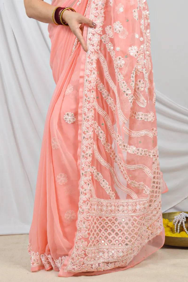 Peach Georgette Lucknowi Chikankari Designer With gotapatti Embroidery and Blouse – Perfect for Weddings & Festive Wear