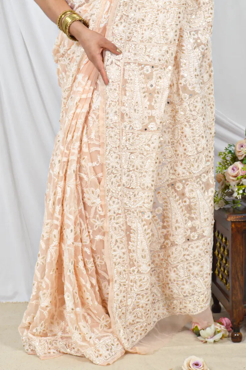 Handcrafted Georgette Saree with GotaPatti intricate Lucknowi Chikankari Embroidery and a matching Blouse, ideal for Festive and  occasions.