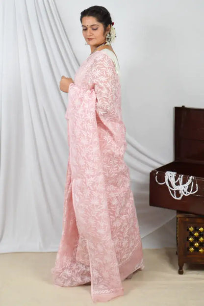 Handcrafted Peach Kota Cotton Designer saree with intricate Lucknowi Chikankari Embroidery , ideal for festive and wedding occasions