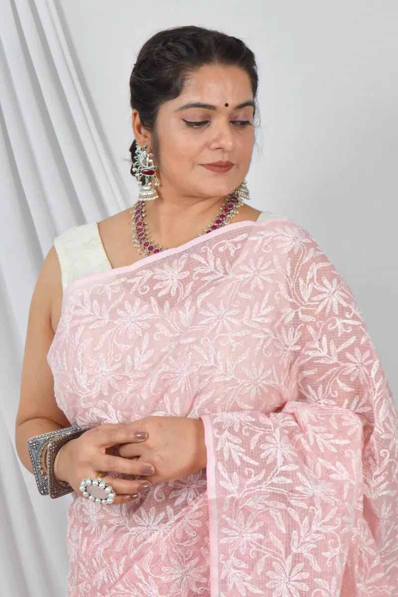Handcrafted Peach Kota Cotton Designer saree with intricate Lucknowi Chikankari Embroidery , ideal for festive and wedding occasions