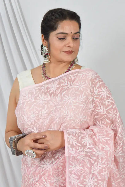 Handcrafted Peach Kota Cotton Designer saree with intricate Lucknowi Chikankari Embroidery , ideal for festive and wedding occasions