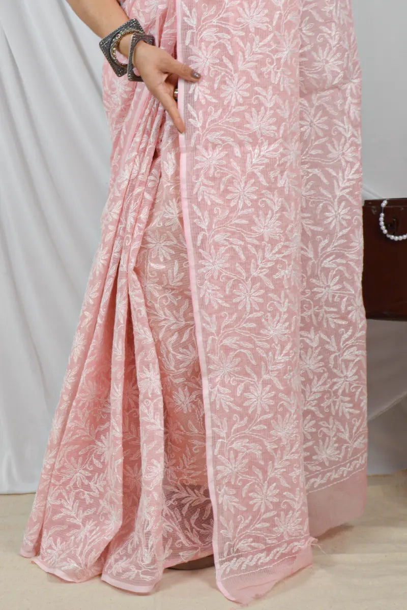 Handcrafted Peach Kota Cotton Designer saree with intricate Lucknowi Chikankari Embroidery , ideal for festive and wedding occasions