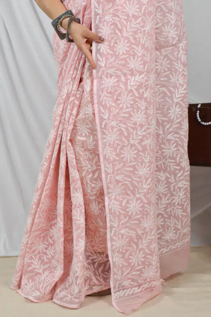 Handcrafted Peach Kota Cotton Designer saree with intricate Lucknowi Chikankari Embroidery , ideal for festive and wedding occasions