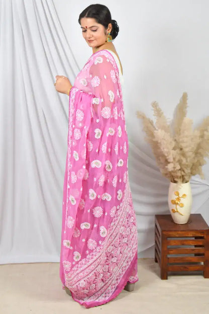 Fabnuma Handcrafted Pink Georgette with Pearl & Sequin Work Lucknowi Chikankari Saree with Blouse