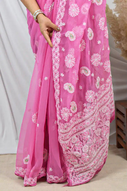 Fabnuma Handcrafted Pink Georgette with Pearl & Sequin Work Lucknowi Chikankari Saree with Blouse