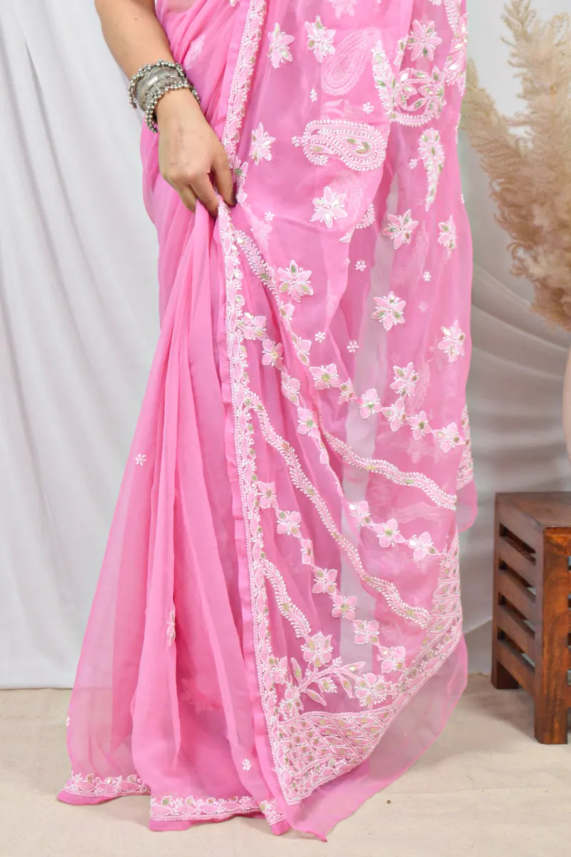 Fabnuma Pink Georgette Saree with Lucknowi Chikankari embroidery and matching blouse.