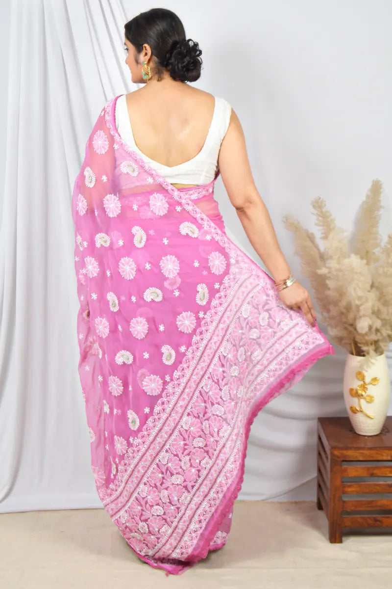 Fabnuma Handcrafted Pink Georgette with Pearl & Sequin Work Lucknowi Chikankari Saree with Blouse