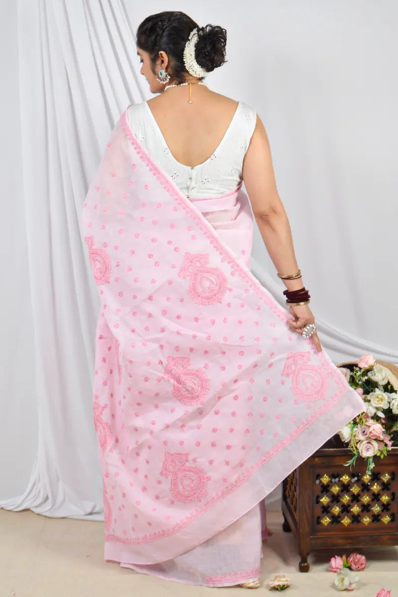Handcrafted Baby Pink Designer Cotton saree with intricate Lucknowi Chikankari embroidery and a matching blouse, ideal for festive and wedding .