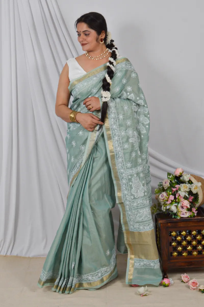 Fabnuma Handcrafted Pista Green Border Palla Chanderi Cotton Saree with Blouse Lucknowi Chikankari