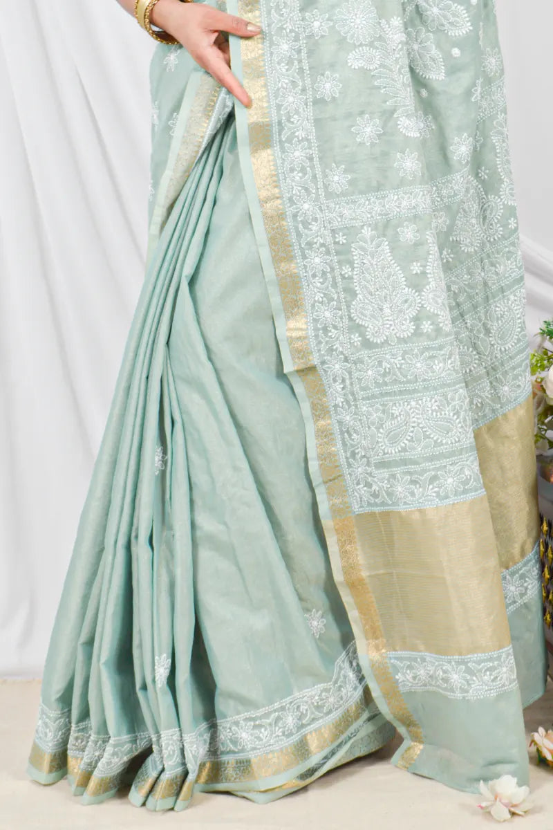 Fabnuma Handcrafted Pista Green Border Palla Chanderi Cotton Saree with Blouse Lucknowi Chikankari