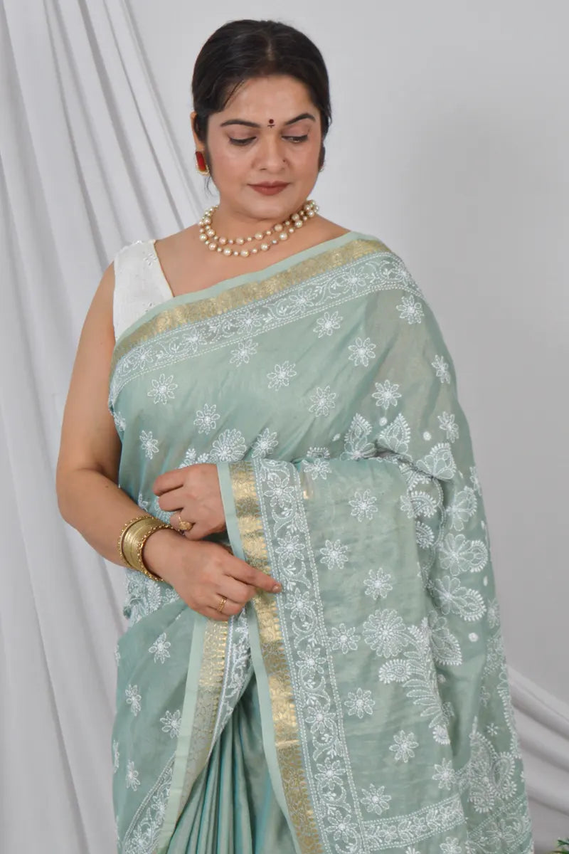 Fabnuma Handcrafted Pista Green Border Palla Chanderi Cotton Saree with Blouse Lucknowi Chikankari