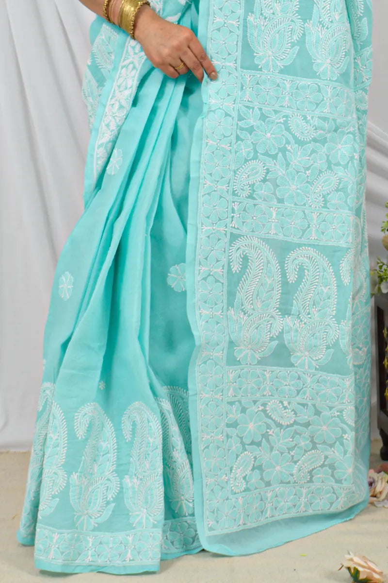 Handcrafted Sea Green Cotton Border Palla Saree with intricate Lucknowi Chikankari embroidery and a matching Blouse, ideal for Festive and  occasions.