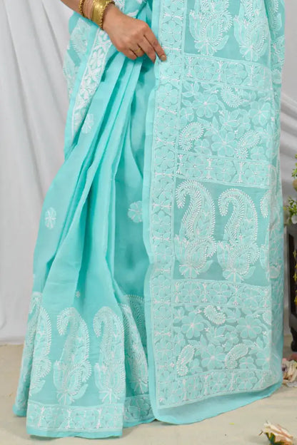 Handcrafted Sea Green Cotton Border Palla Saree with intricate Lucknowi Chikankari embroidery and a matching Blouse, ideal for Festive and  occasions.