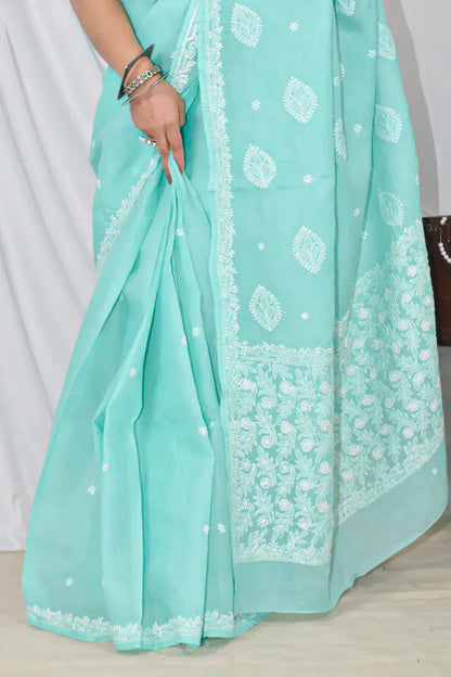 Handcrafted Sea Green Designer Cotton saree with intricate Lucknowi Chikankari embroidery and a matching blouse, ideal for festive and wedding .