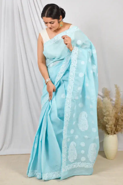 Fabnuma Handcrafted Cotton Lucknowi Chikankari Designer Saree with Blouse