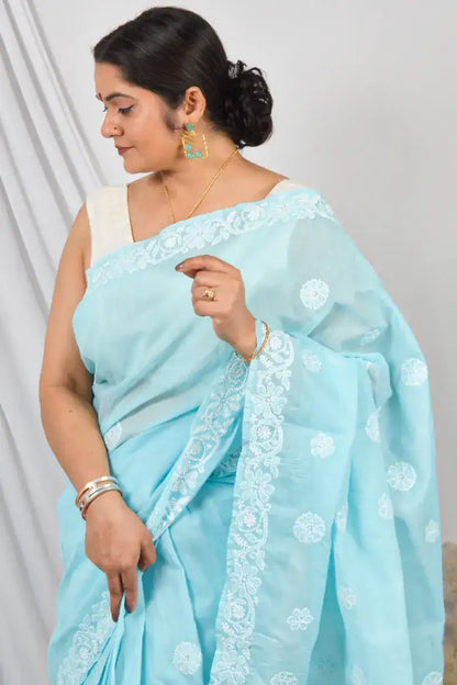 Fabnuma Handcrafted Cotton Lucknowi Chikankari Designer Saree with Blouse