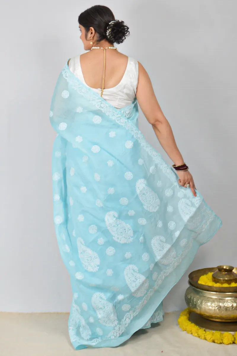 Sky blue cotton saree with hand-embroidered Lucknowi Chikankari and matching blouse – MeMaana handcrafted ethnic wear.