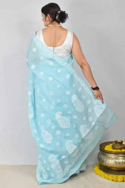 Sky blue cotton saree with hand-embroidered Lucknowi Chikankari and matching blouse – MeMaana handcrafted ethnic wear.