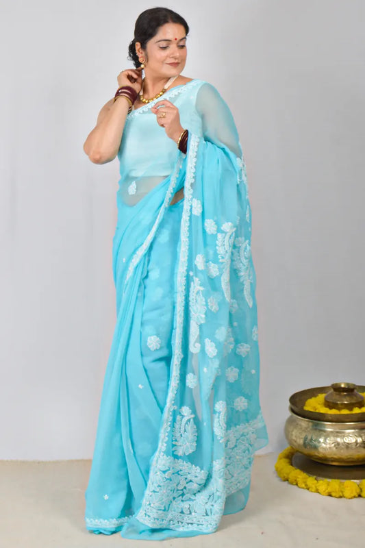 Sky Blue Georgette saree with hand-embroidered Lucknowi Chikankari and matching blouse – handcrafted ethnic saree by MeMaana