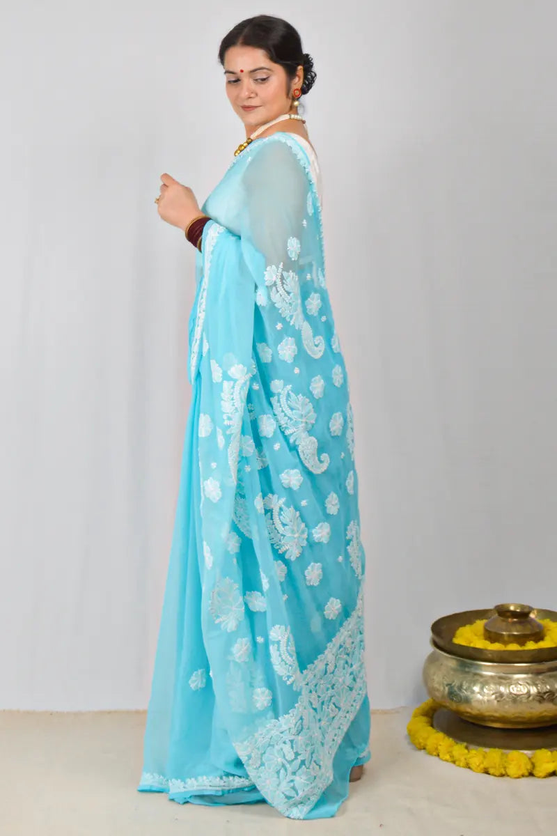 Sky Blue Georgette saree with hand-embroidered Lucknowi Chikankari and matching blouse – handcrafted ethnic saree by MeMaana
