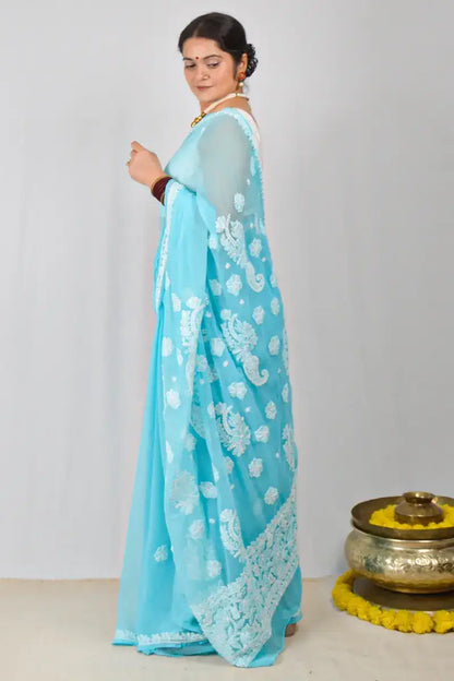 Sky Blue Georgette saree with hand-embroidered Lucknowi Chikankari and matching blouse – handcrafted ethnic saree by MeMaana