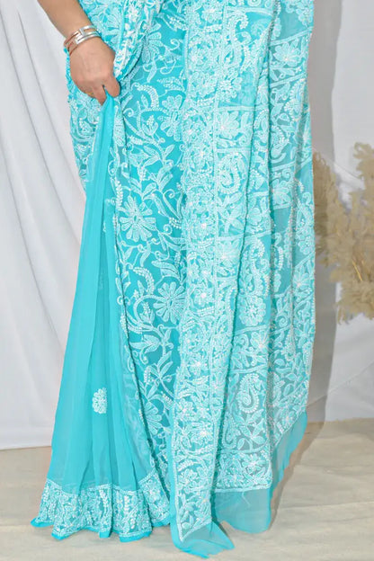 Fabnuma Handcrafted Sky Blue Georgette Lucknowi Chikankari Saree with Blouse