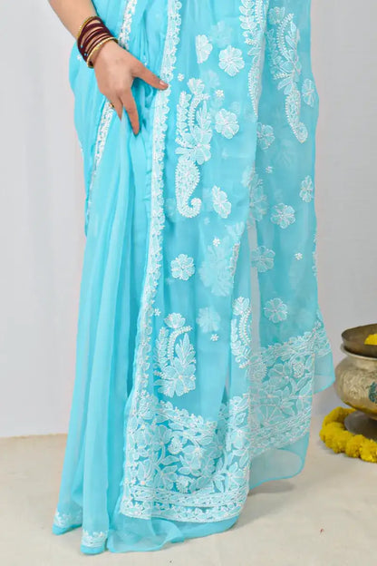 Sky Blue Georgette saree with hand-embroidered Lucknowi Chikankari and matching blouse – handcrafted ethnic saree by MeMaana