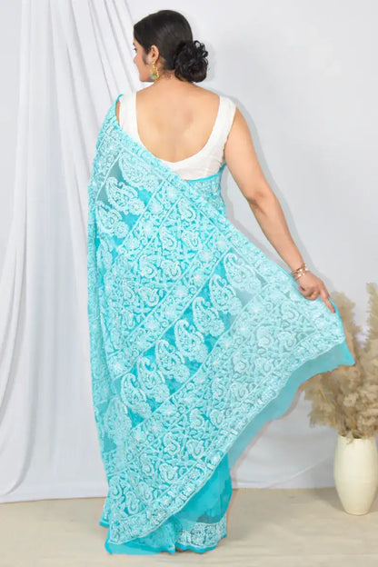 Fabnuma Handcrafted Sky Blue Georgette Lucknowi Chikankari Saree with Blouse