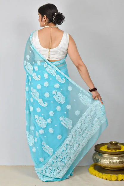 Sky Blue Georgette saree with hand-embroidered Lucknowi Chikankari and matching blouse – handcrafted ethnic saree by MeMaana