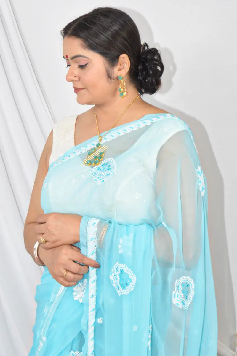 Fabnuma Handcrafted Sky Blue Pearl & Sequin Work Designer Chikankari Saree With Blouse Fabnuma