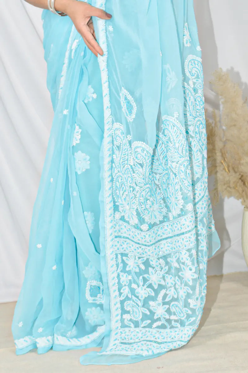 Fabnuma Handcrafted Sky Blue Pearl & Sequin Work Designer Chikankari Saree With Blouse Fabnuma