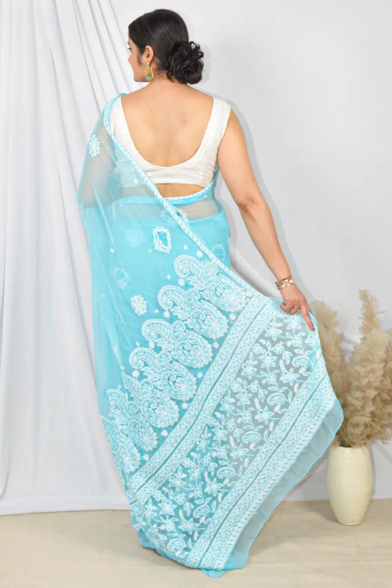 Fabnuma Handcrafted Sky Blue Pearl & Sequin Work Designer Chikankari Saree With Blouse Fabnuma