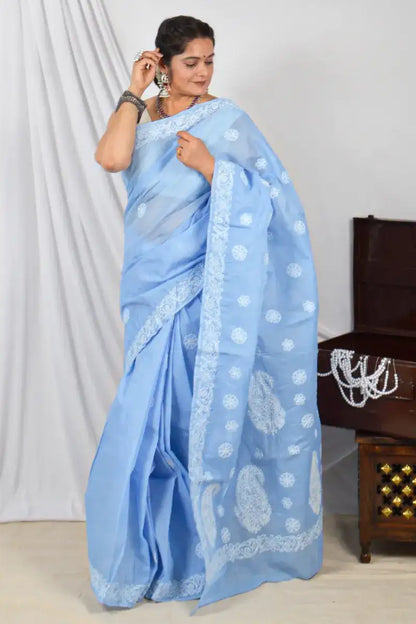 Handcrafted Sky Blue Cotton Designer Saree with intricate Lucknowi Chikankari Embroidery , ideal for Festive and wedding occasions