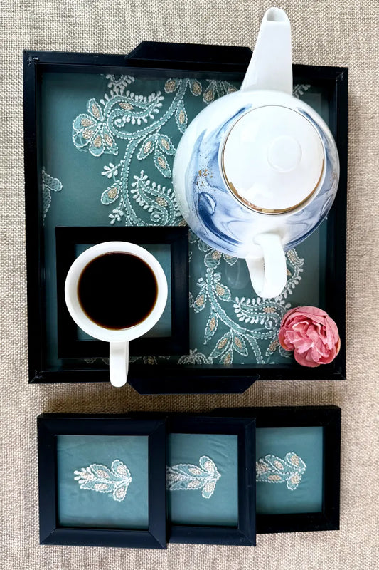 Blue Handcrafted Lucknowi Chikankari Tray & Tea Coaster Set With hand-embroidered Lucknowi Chikankari