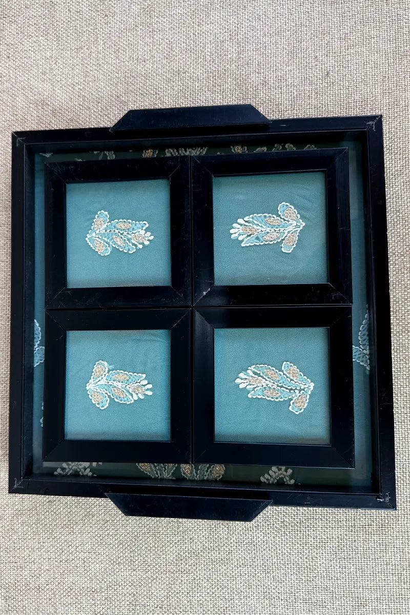 Blue Handcrafted Lucknowi Chikankari Tray & Tea Coaster Set With hand-embroidered Lucknowi Chikankari