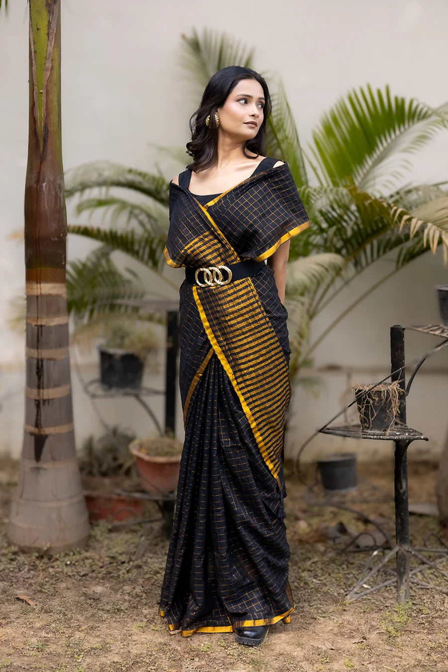 Elegant Black & Gold Handloom Saree with Modern Draping MeMaana