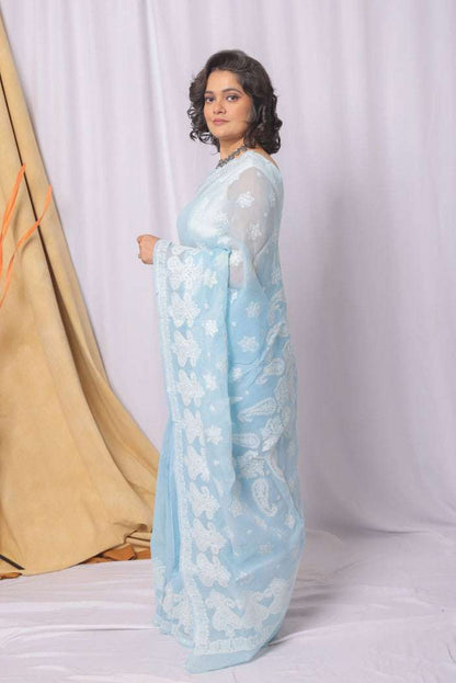 MeMaana Handcrafted Blue Cotton Chikankari Saree-Blouse MeMaana
