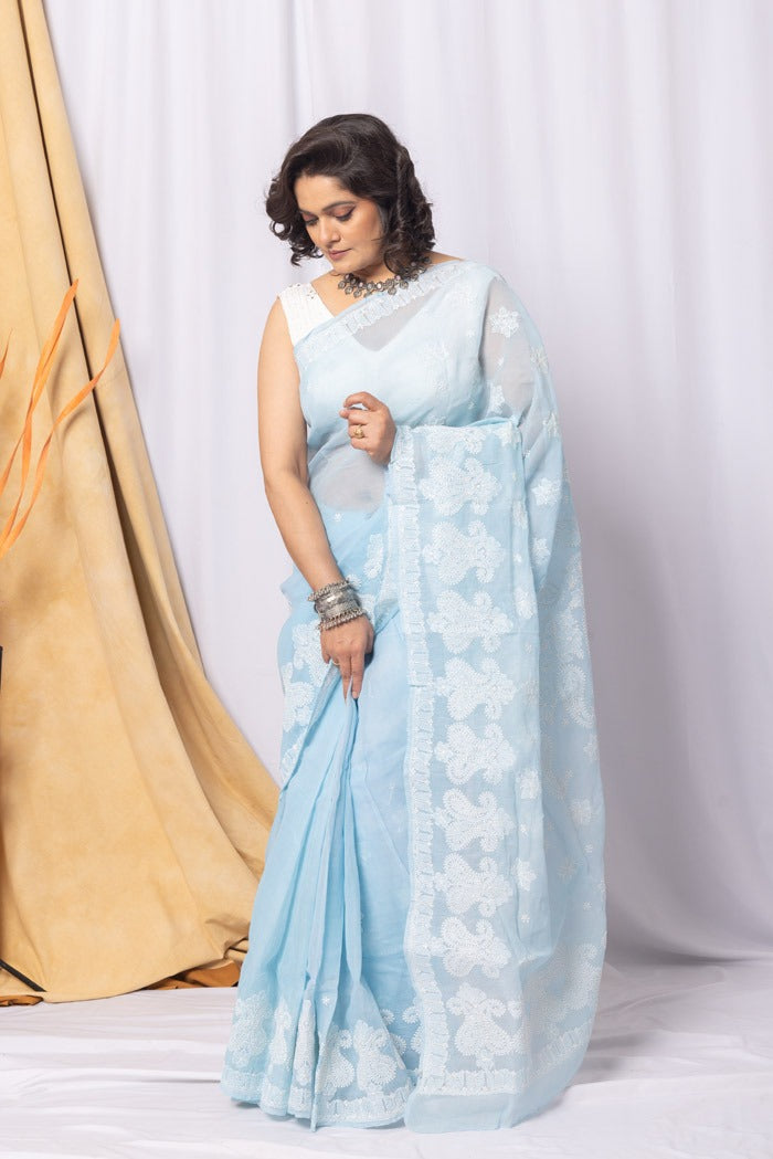 MeMaana Handcrafted Blue Cotton Chikankari Saree-Blouse Fabnuma