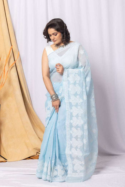 MeMaana Handcrafted Blue Cotton Chikankari Saree-Blouse MeMaana