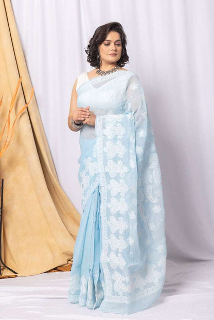 MeMaana Handcrafted Blue Cotton Chikankari Saree-Blouse MeMaana