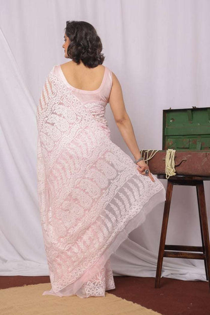MeMaana Handcrafted Red Georgette Chikankari Saree-Blouse MeMaana