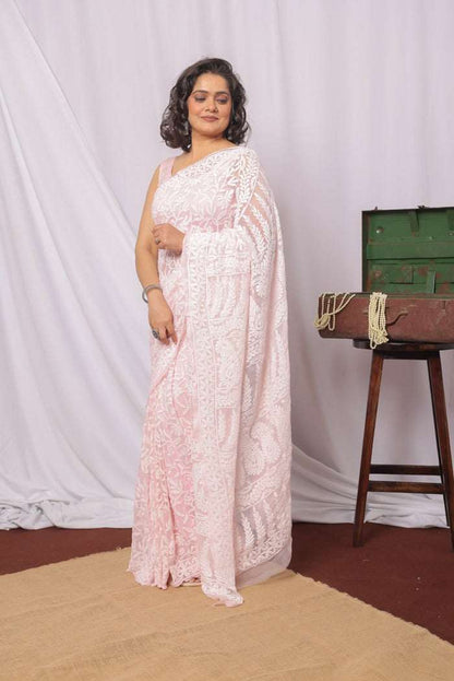 MeMaana Handcrafted Red Georgette Chikankari Saree-Blouse MeMaana