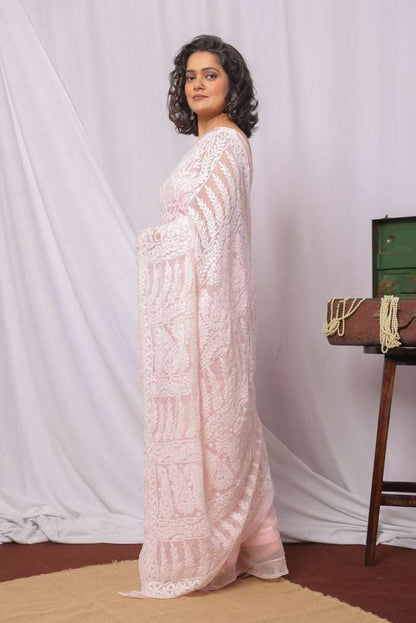 MeMaana Handcrafted Red Georgette Chikankari Saree-Blouse MeMaana