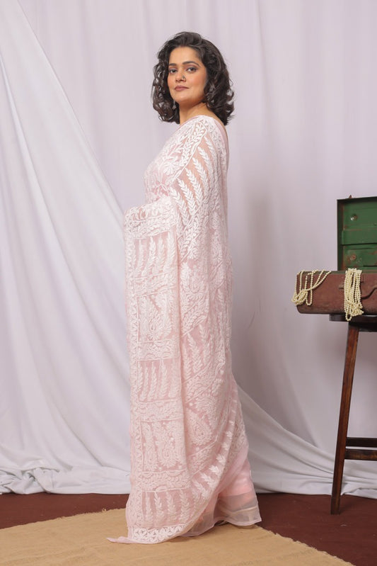 MeMaana Handcrafted Red Georgette Chikankari Saree-Blouse Fabnuma